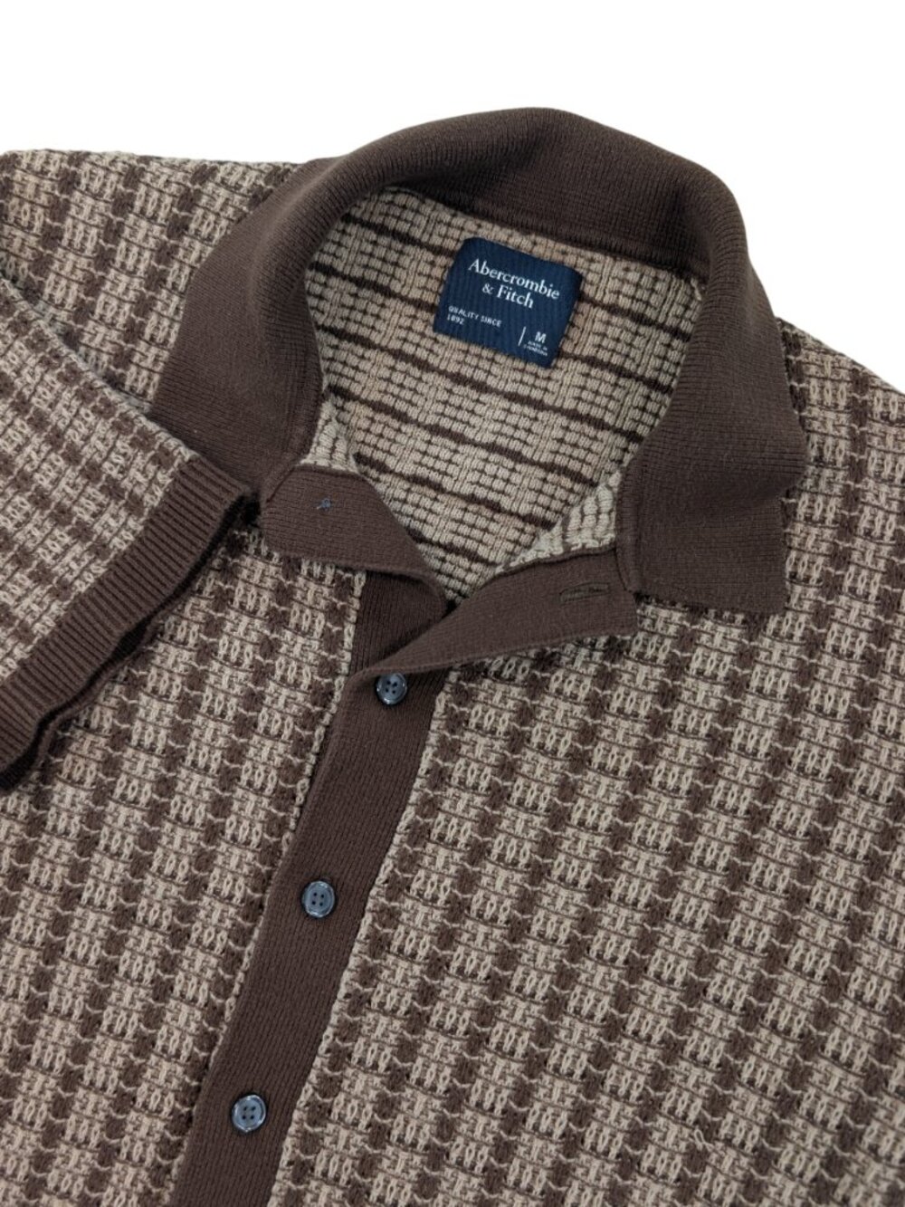 Abercrombie & Fitch Jacquard Knit Sweater Short Sleeve Button Down Brown Medium